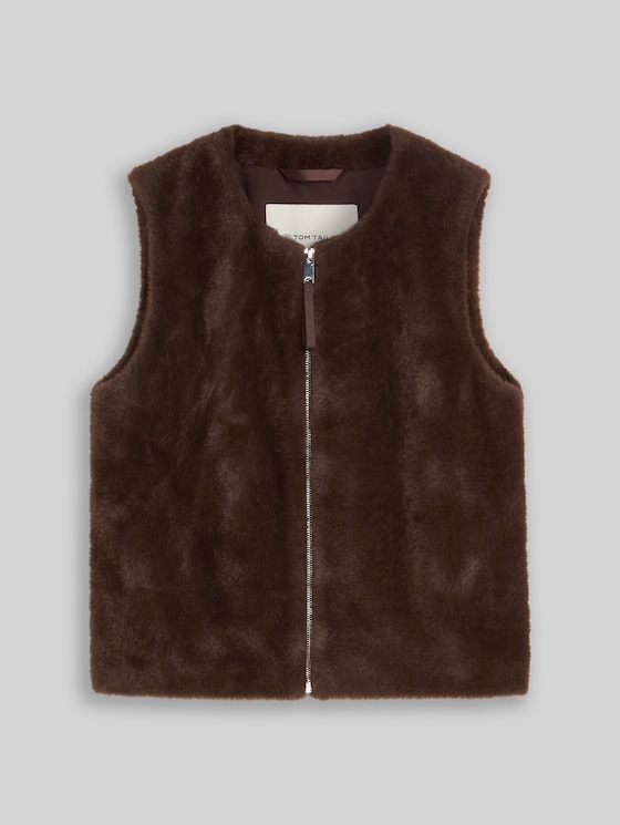 Faux fur waistcoat with pockets - java dark brown