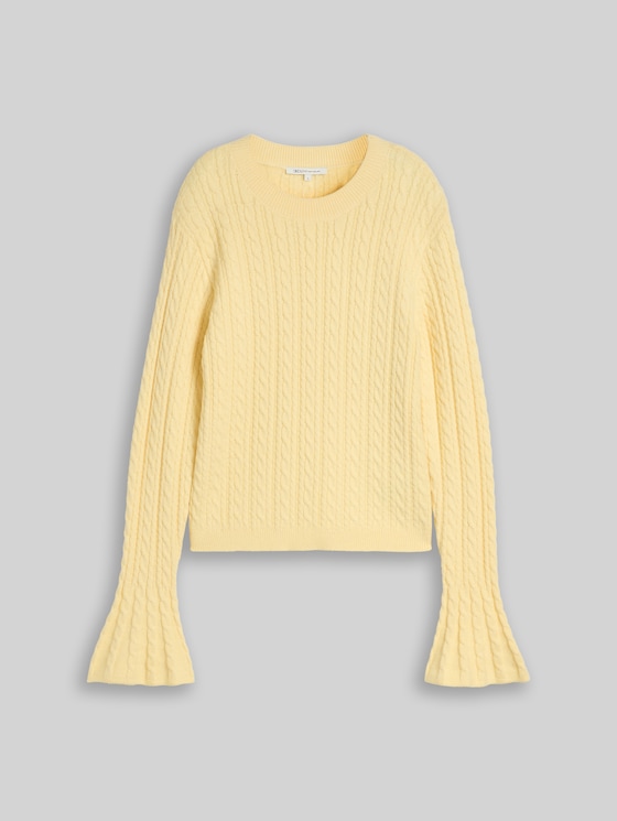 Knitted pullover with a plait pattern - soft vanilla yellow