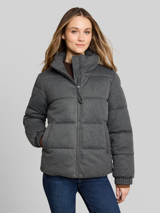 Cosy puffer jacket with stand-up collar - dark coal grey melange
