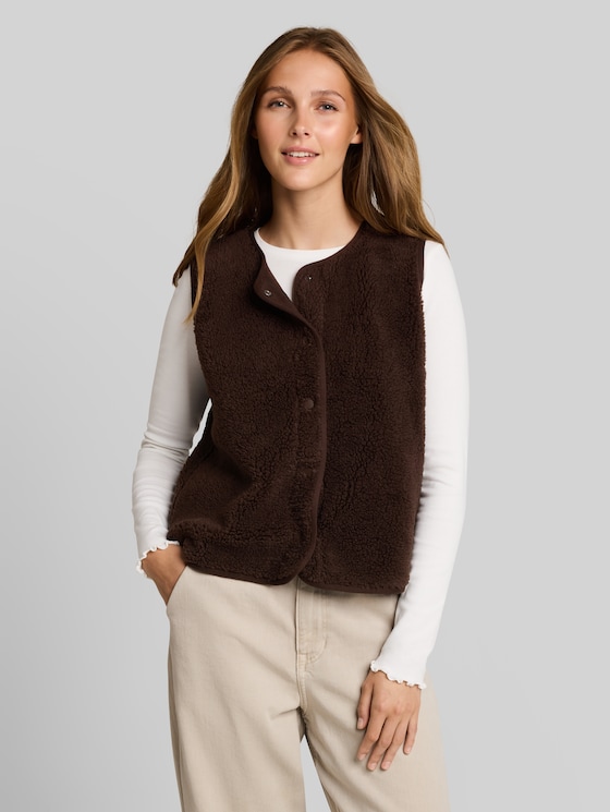 Teddy vest with press-stud fastening - cool dark brown
