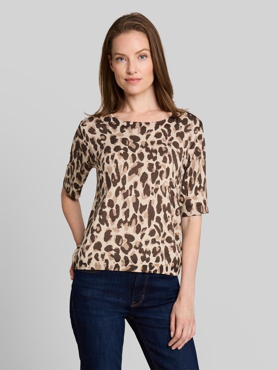Knitted jumper with leopard print - gravel beige melange leo