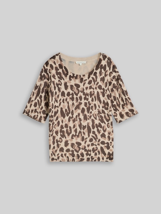 Knitted jumper with leopard print - gravel beige melange leo