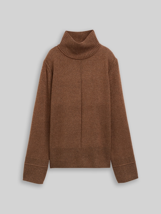 Cosy knitted jumper with a stand-up collar - mid camel melange