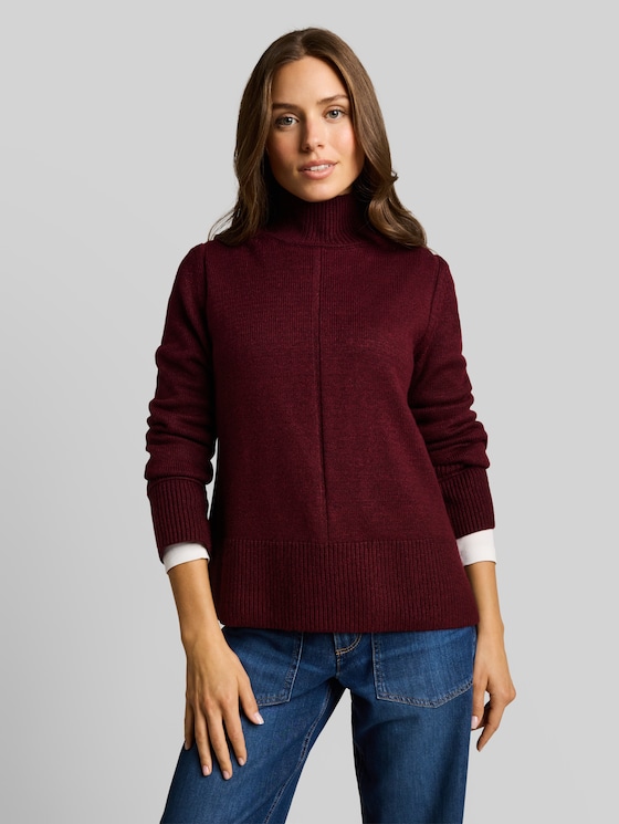 Cosy knitted jumper with a stand-up collar - preppy plum melange