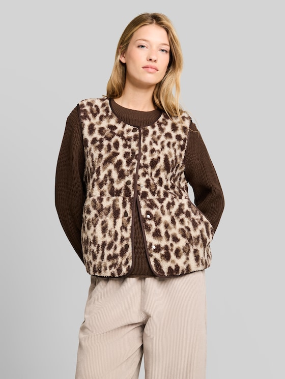 Boxy-fit teddy vest with pockets - beige java brown leo print