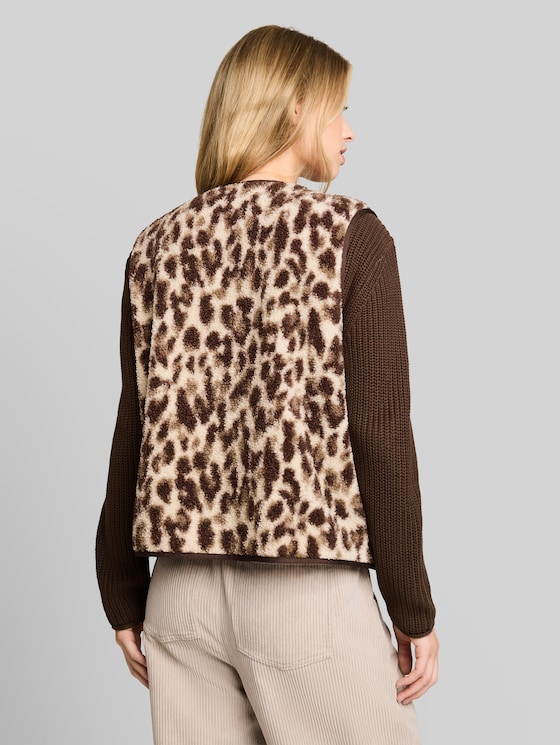 Boxy-fit teddy vest with pockets - beige java brown leo print