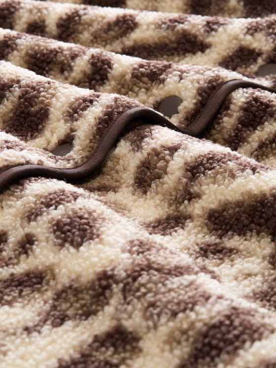 Boxy-fit teddy vest with pockets - beige java brown leo print