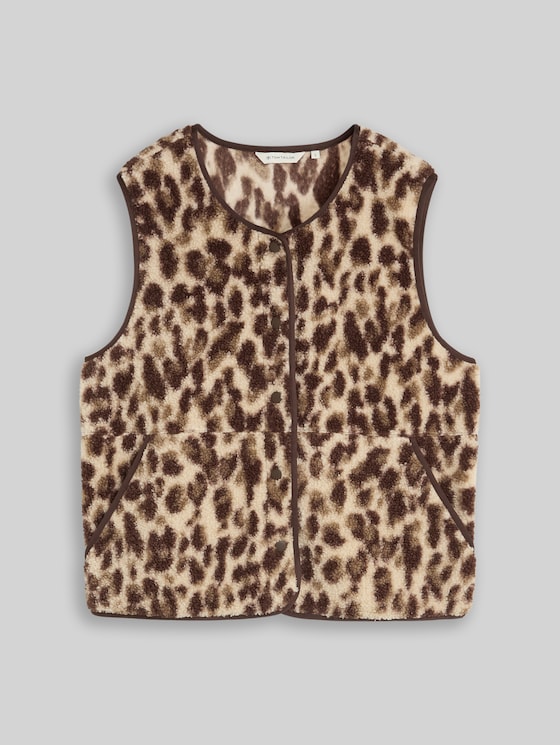 Boxy-fit teddy vest with pockets - beige java brown leo print