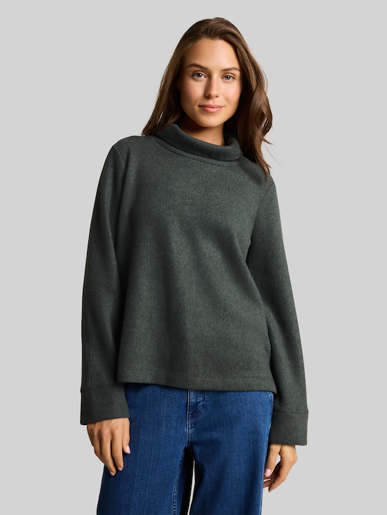 Cosy sweatshirt with decorative button placket - dark olive melange