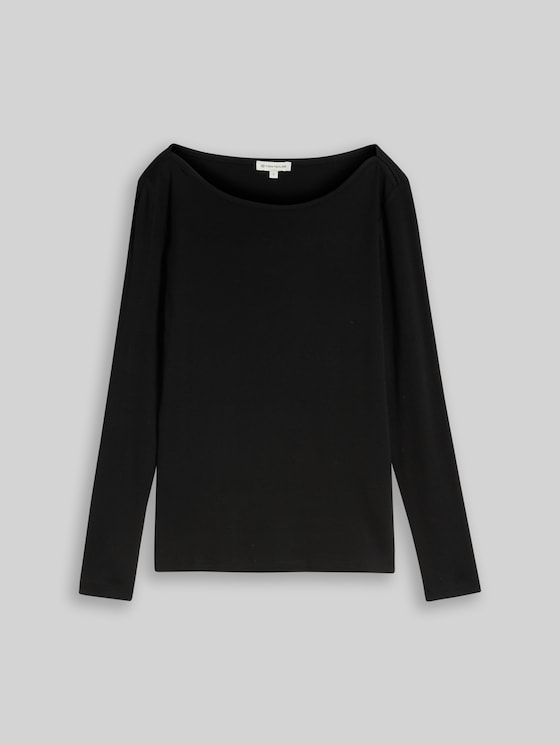 Slim-fit long-sleeved top with a boat neck - deep black