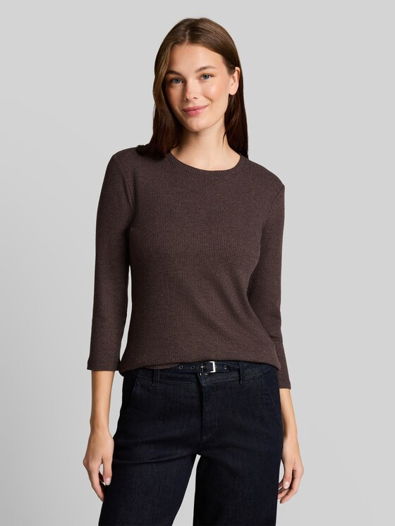 Oversized long-sleeved top with ribbed texture - java dark brown melange