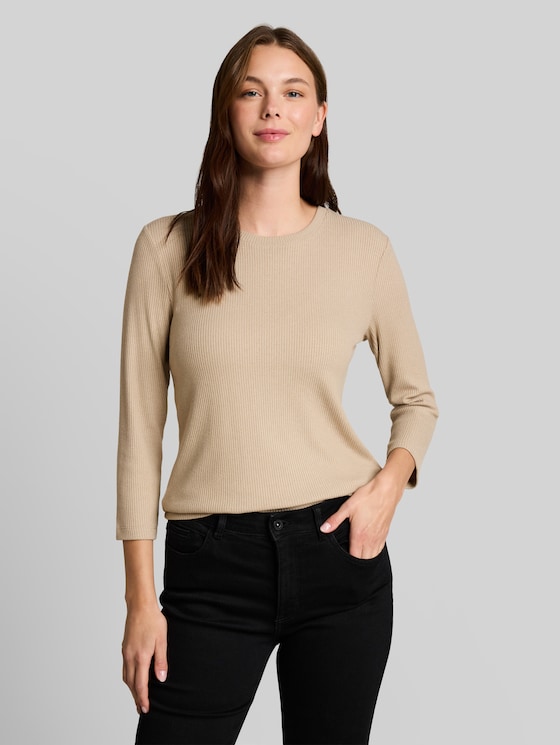 Oversized long-sleeved top with ribbed texture - gravel beige melange