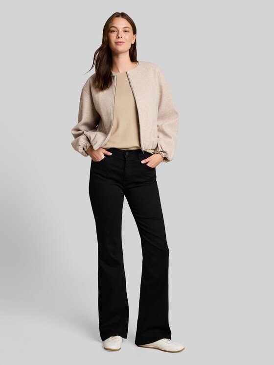 Oversized long-sleeved top with ribbed texture - gravel beige melange