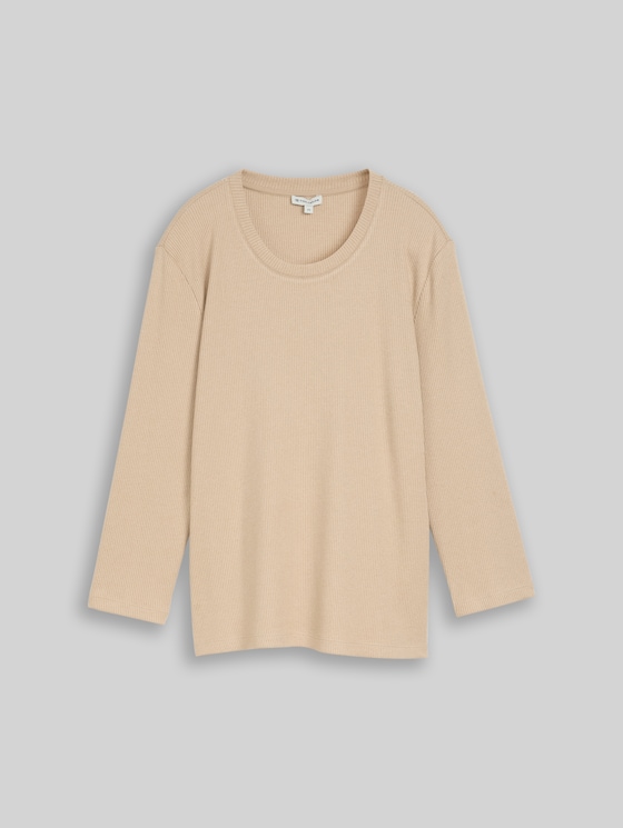 Oversized long-sleeved top with ribbed texture - gravel beige melange