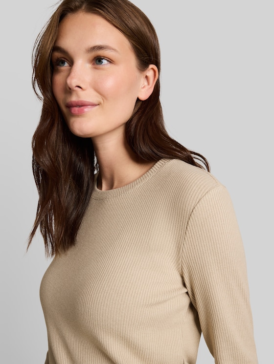 Oversized long-sleeved top with ribbed texture - gravel beige melange