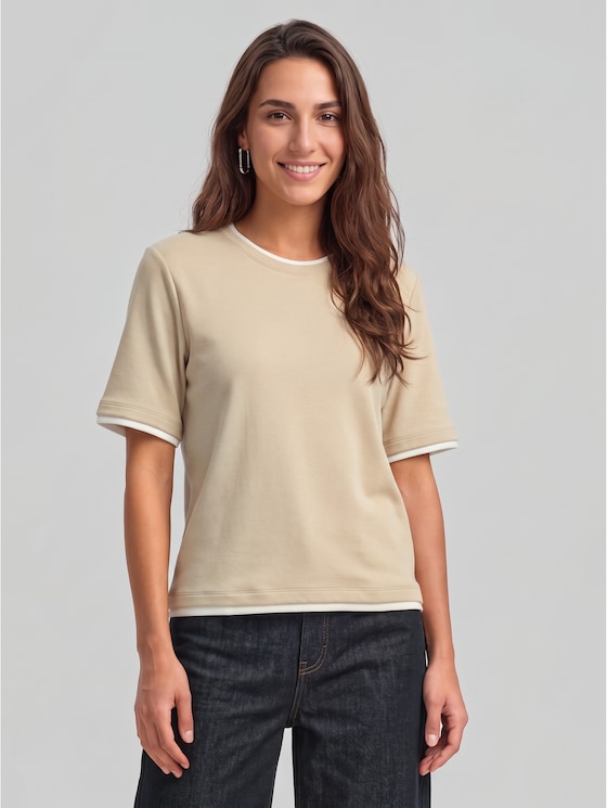 Boxy-fit T-shirt with a 2-in-1 look - gravel beige melange