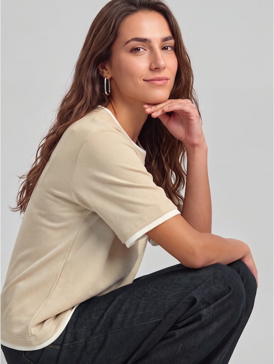 Boxy-fit T-shirt with a 2-in-1 look - gravel beige melange