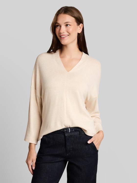 Cosy long-sleeved shirt with V-neck - whisper offwhite melange