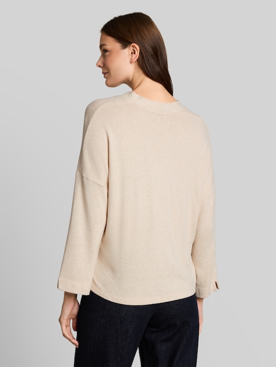 Cosy long-sleeved shirt with V-neck - whisper offwhite melange