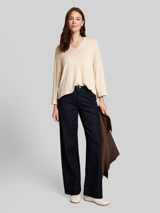 Cosy long-sleeved shirt with V-neck - whisper offwhite melange