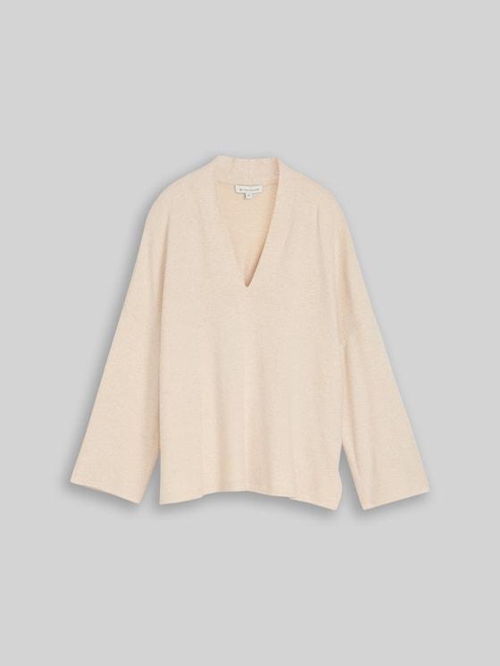 Cosy long-sleeved shirt with V-neck - whisper offwhite melange