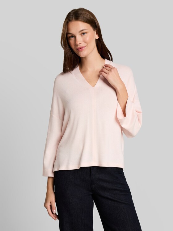 Cosy long-sleeved shirt with V-neck - light pastel pink melange