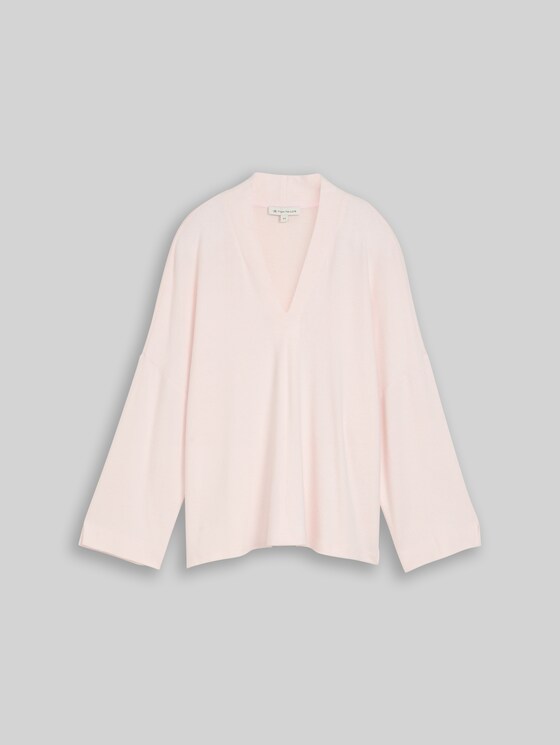 Cosy long-sleeved shirt with V-neck - light pastel pink melange