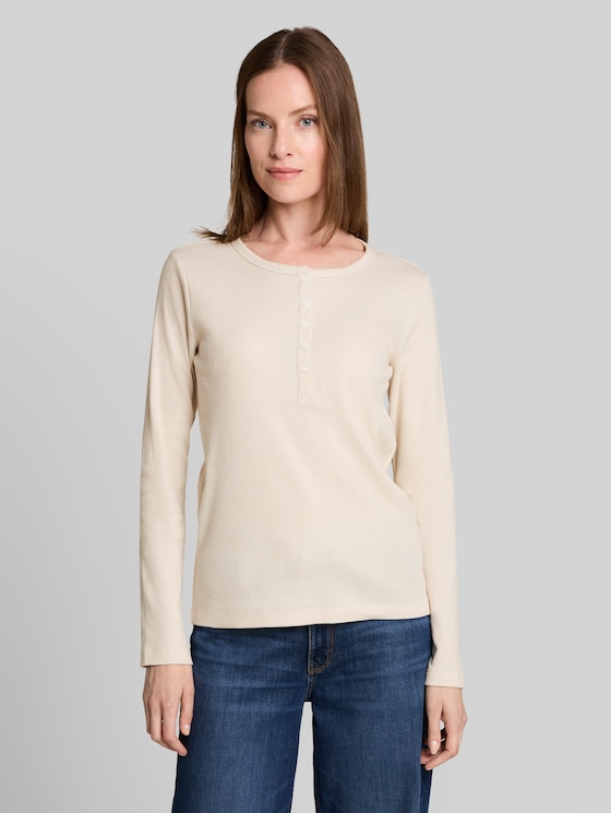 Henley long-sleeved shirt with ribbed texture - white gravel beige stripe