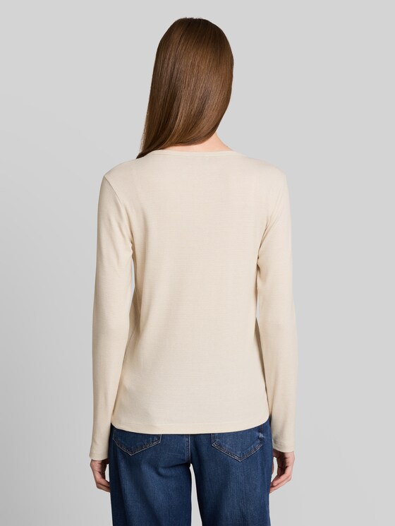 Henley long-sleeved shirt with ribbed texture - white gravel beige stripe