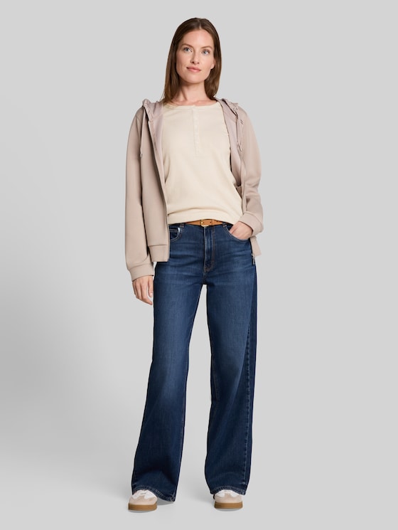 Henley long-sleeved shirt with ribbed texture - white gravel beige stripe