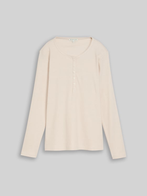 Henley long-sleeved shirt with ribbed texture - white gravel beige stripe