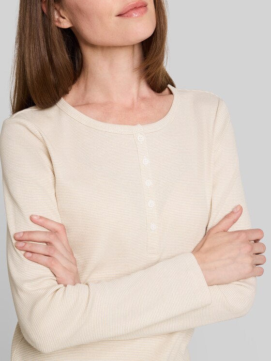 Henley long-sleeved shirt with ribbed texture - white gravel beige stripe