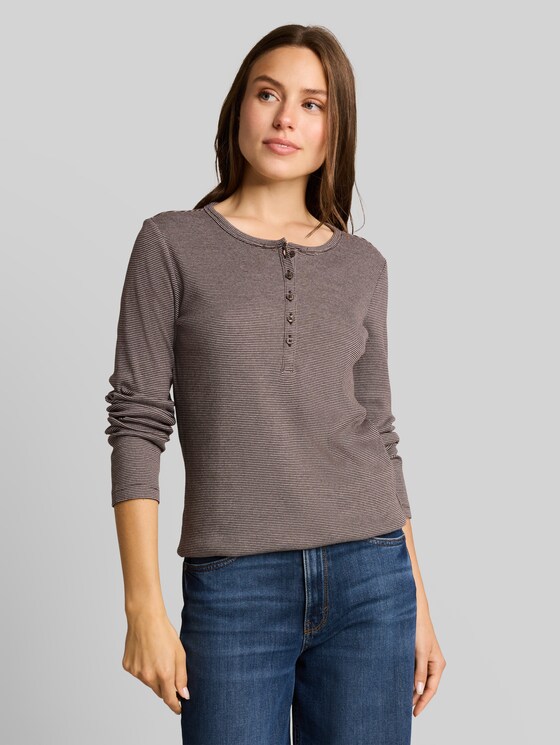 Henley long-sleeved shirt with ribbed texture - java brown offwhite stripe