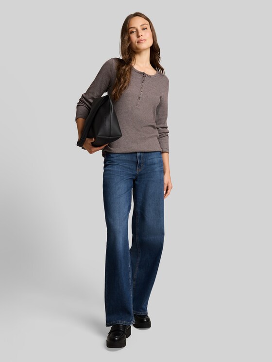 Henley long-sleeved shirt with ribbed texture - java brown offwhite stripe