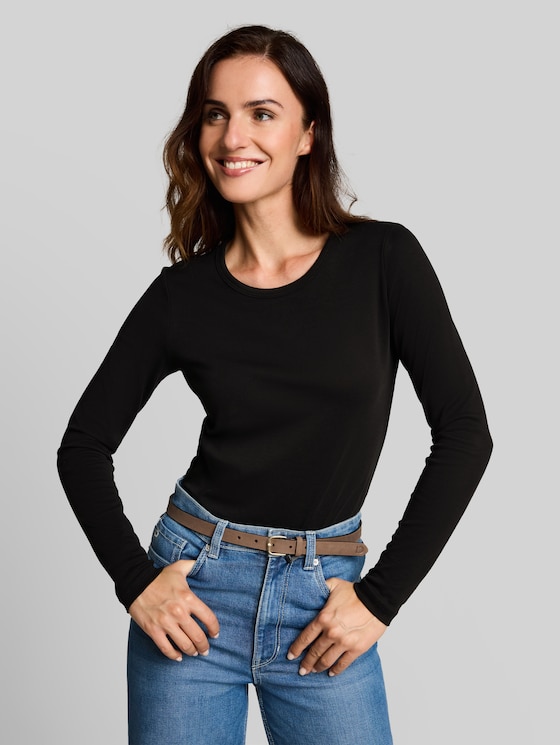 Basic long-sleeved cotton T-shirt - deep black