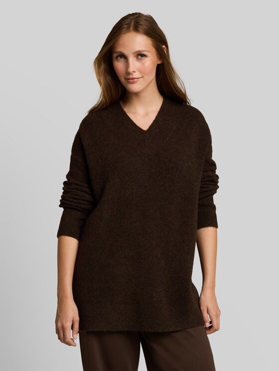 Long-style knitted jumper with wool content - cool dark brown melange