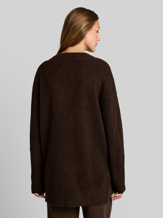 Long-style knitted jumper with wool content - cool dark brown melange