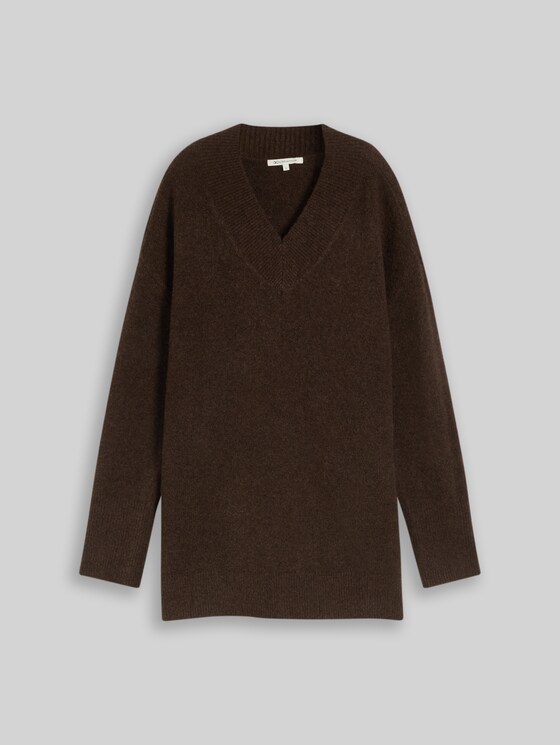 Long-style knitted jumper with wool content - cool dark brown melange