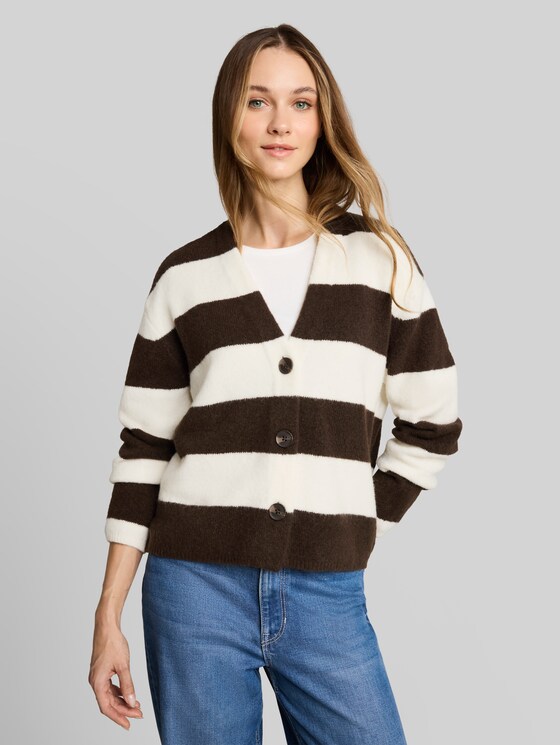 Cosy cardigan with wool blend - big brown white stripe