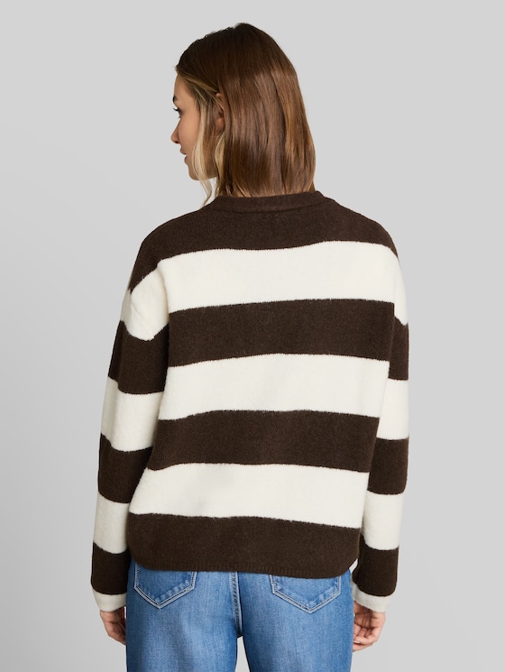Cosy cardigan with wool blend - big brown white stripe