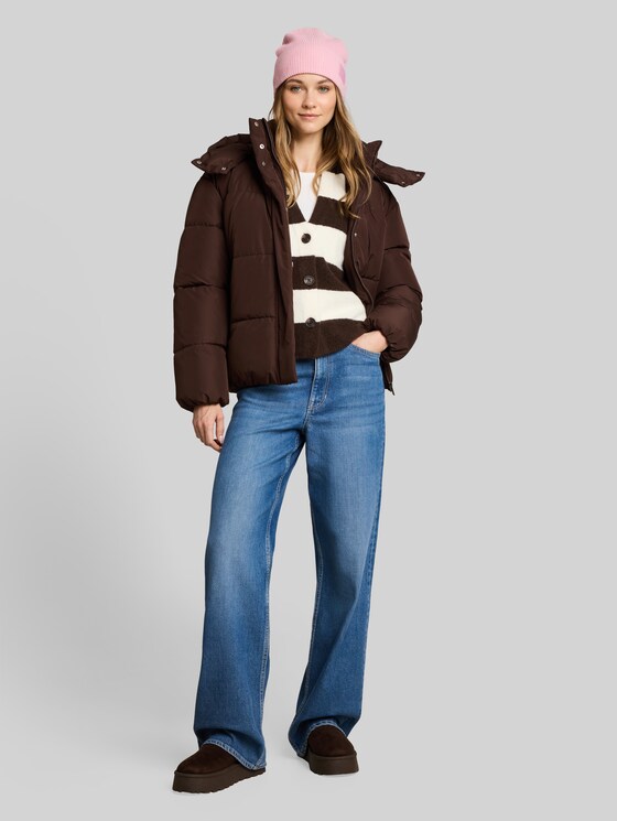 Cosy cardigan with wool blend - big brown white stripe