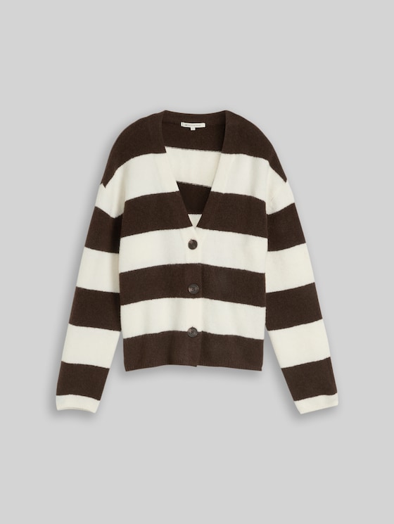 Cosy cardigan with wool blend - big brown white stripe