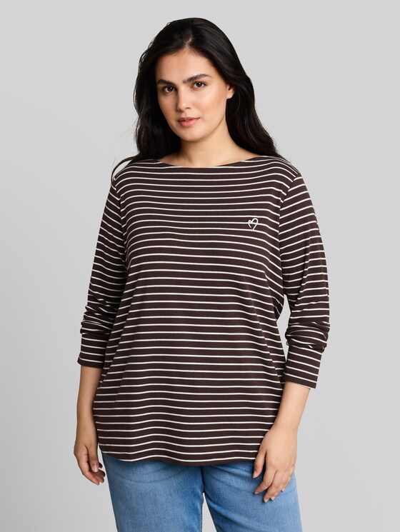 Plus Size - Long sleeve shirt with stripe pattern - brown white stripe