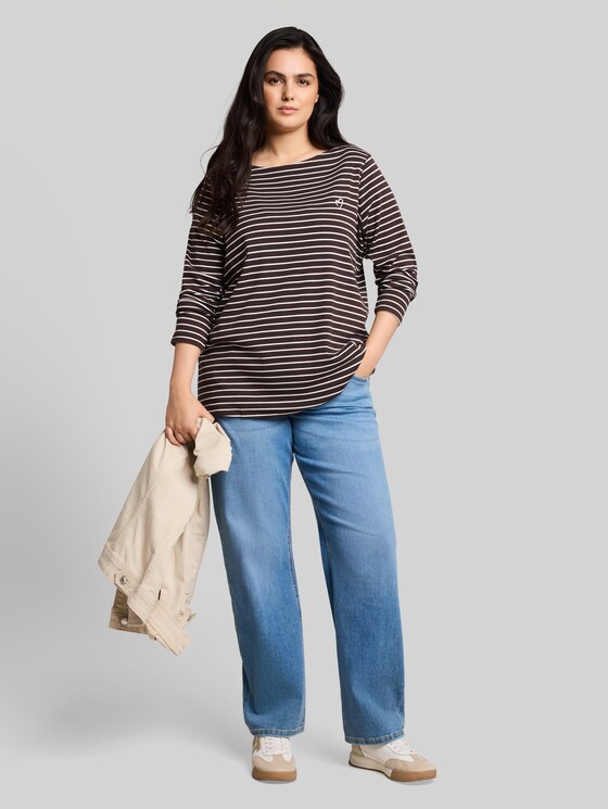 Plus Size - Long sleeve shirt with stripe pattern - brown white stripe