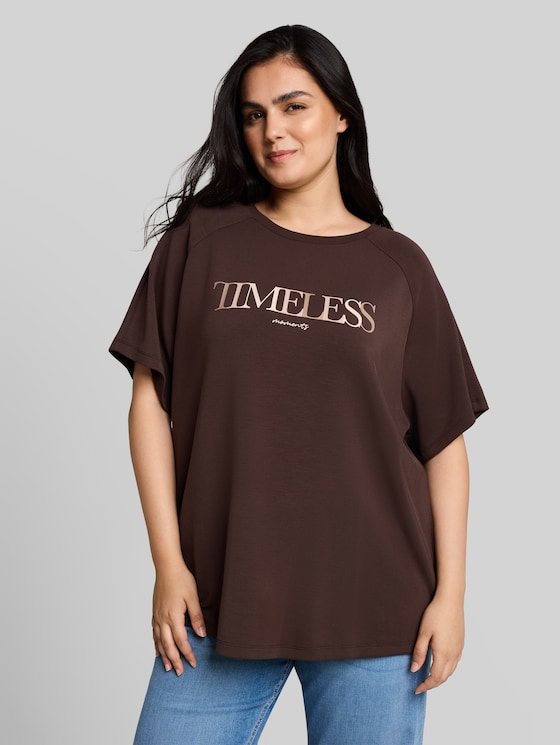 Plus Size - scuba T-shirt with lettering - java dark brown