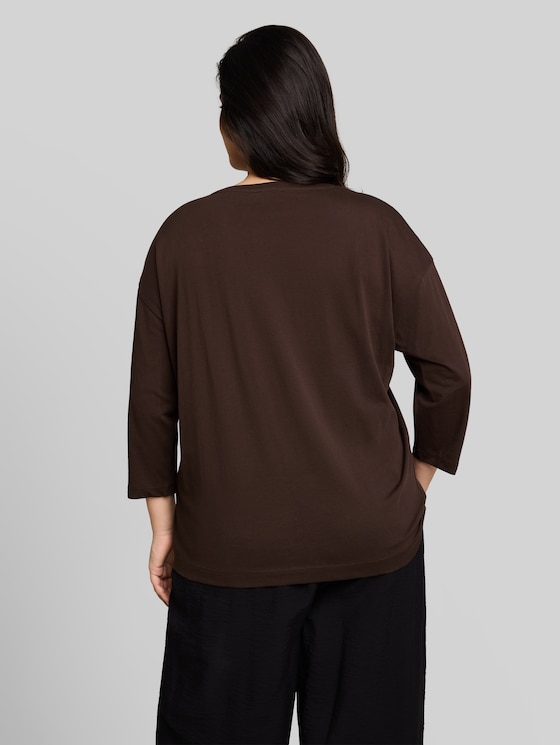 Plus Size – Loose-fit T-shirt with floral appliqué - java dark brown