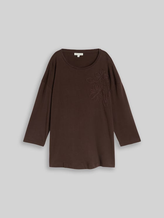 Plus Size – Loose-fit T-shirt with floral appliqué - java dark brown