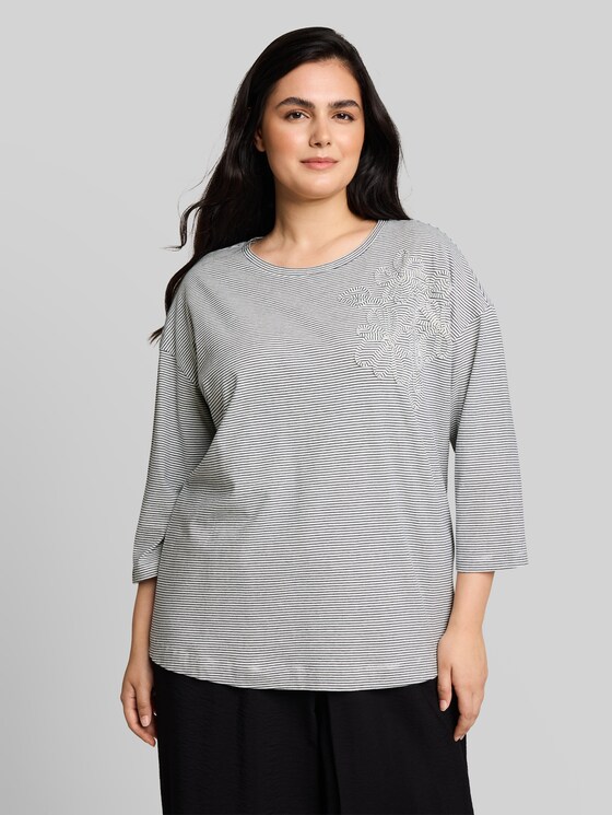 Plus Size – Loose-fit T-shirt with floral appliqué - small white navy stripe