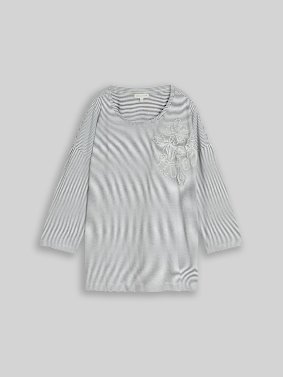 Plus Size – Loose-fit T-shirt with floral appliqué - small white navy stripe