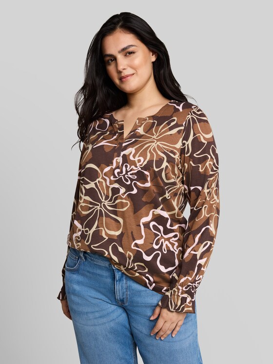 Plus Size - blouse-style top with floral print - brown big flower design